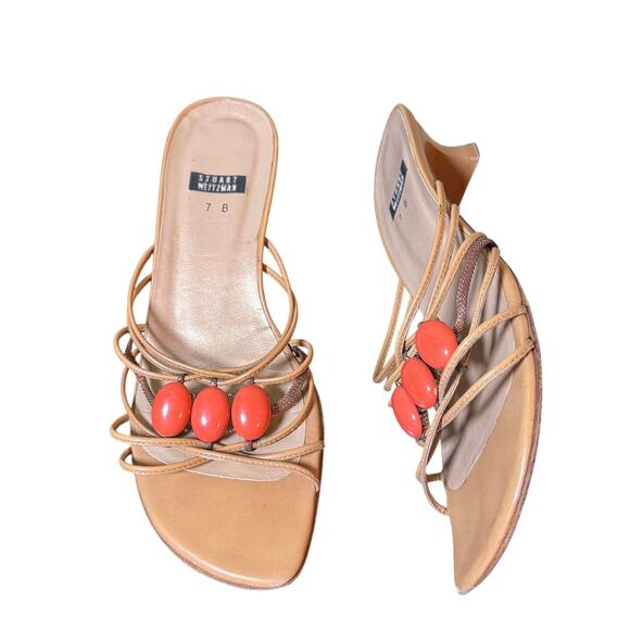 Stuart Weitzman Size 7 Tan Strappy Jeweled Kitten Heel Slide Sandals - Picture 1 of 7